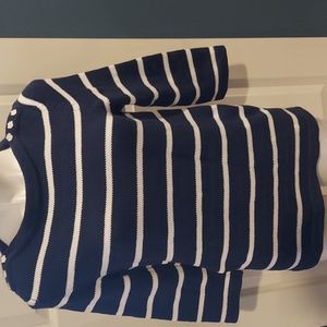 hastings & smith 3/4 sleeve navy white stripe cotton sweater small